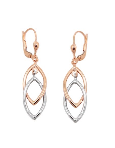 leverback earrings dangles 43x10mm 2 ovals bicolor with white gold 9k rose gold