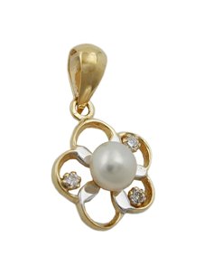 pendant 10mm flower bicolor cultured pearl cubic zirconias 9k gold